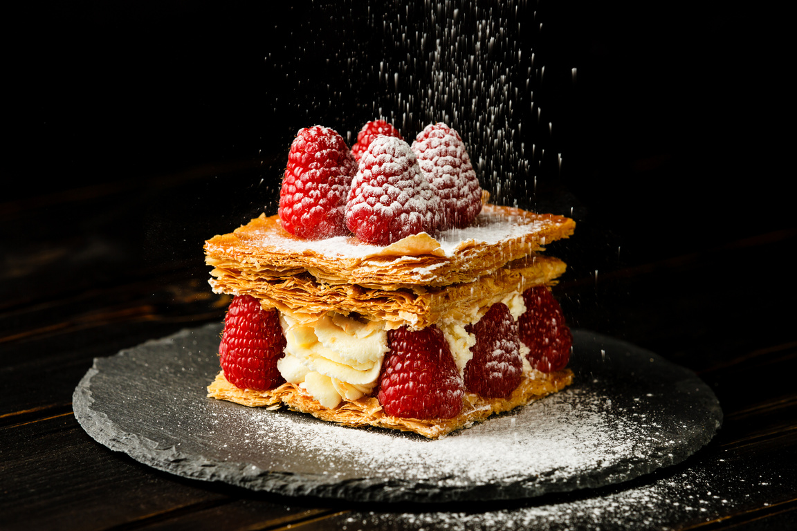 Millefeuille dessert with raspberry