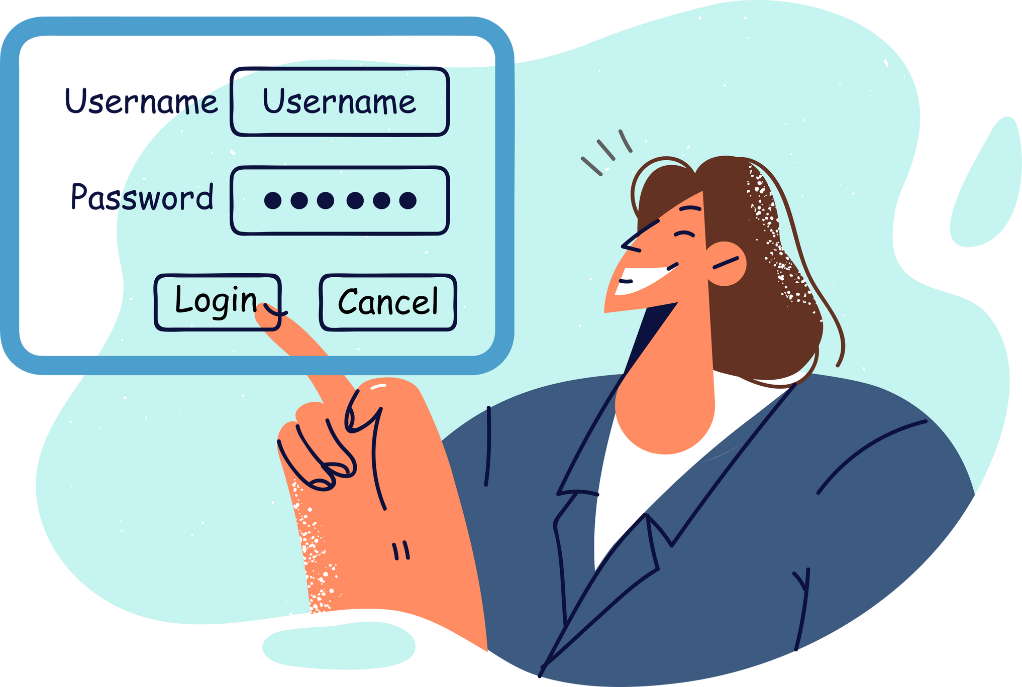 Business woman enters username and password into form on virtual screen to gain access to account